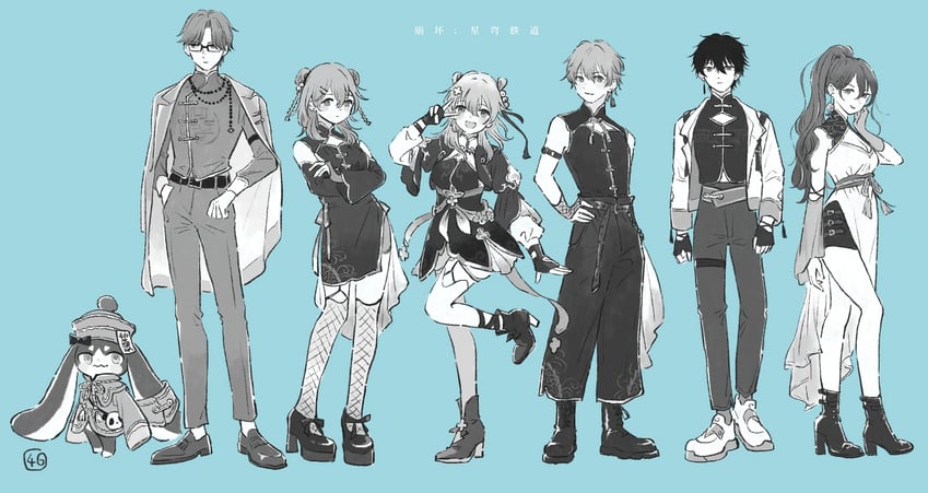 trailblazer, stelle, march 7th, caelus, dan heng, and 3 more (honkai and 1 more) drawn by shiro_chan46