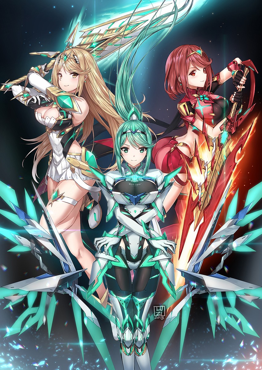 pyra, mythra, and pneuma (xenoblade chronicles and 1 more) drawn by luzi