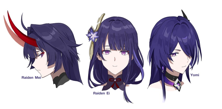 raiden shogun, acheron, raiden mei, and sawashiro miyuki (genshin impact and 4 more) drawn by 64lv^