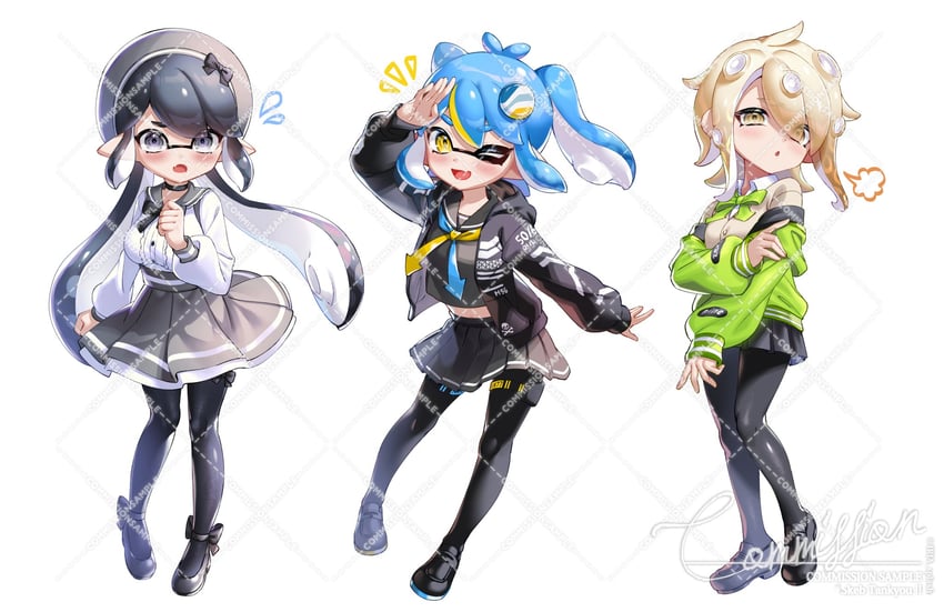 inkling player character, inkling girl, octoling player character, and octoling girl (splatoon) drawn by iria_(yumeirokingyo)