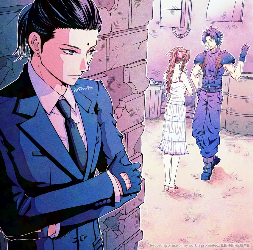 aerith gainsborough, zack fair, and tseng (final fantasy and 2 more) drawn by sui_7r
