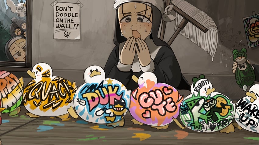 clumsy nun, froggy nun, spicy nun, and freckles nun (little nuns) drawn by diva_(hyxpk)
