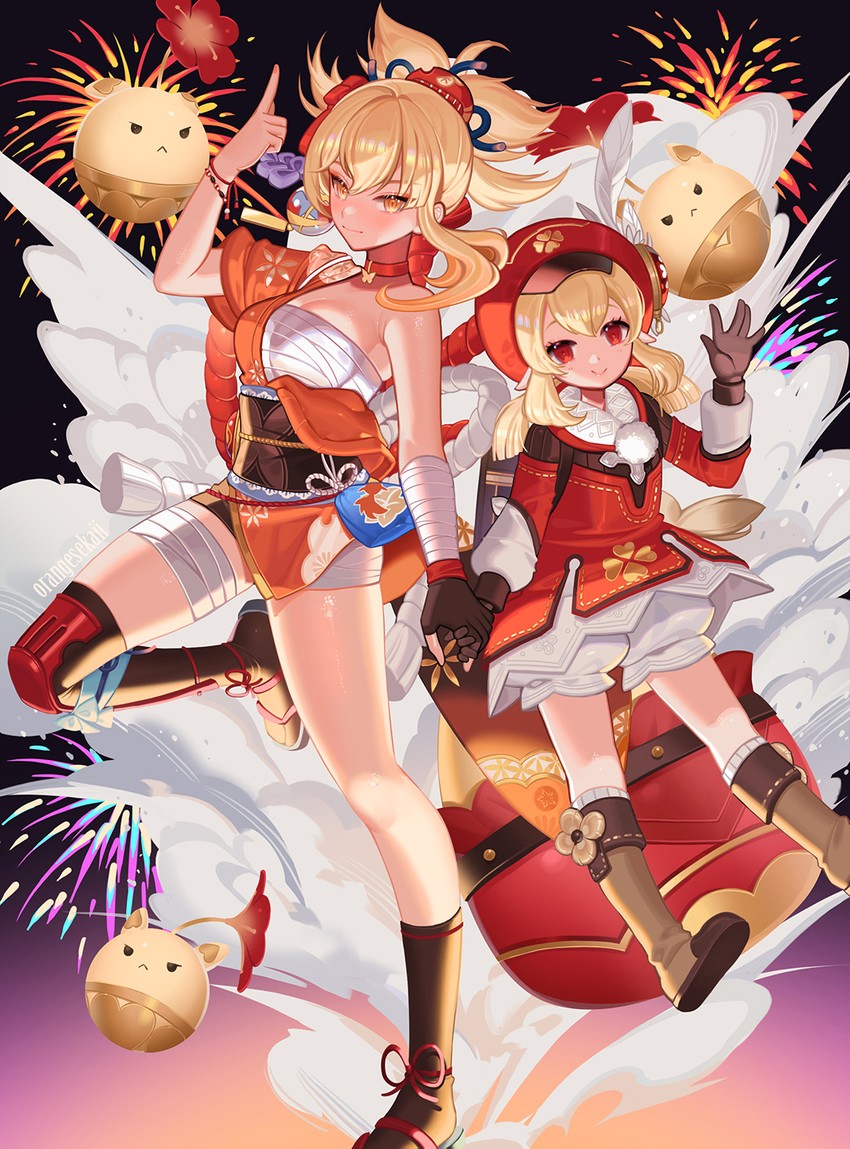 klee, yoimiya, dodoco, and jumpy dumpty (genshin impact) drawn by orange_sekaii