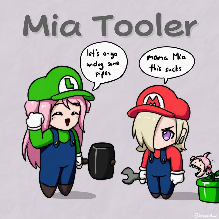 mario, luigi, zhong lanzhu, mia taylor, and piranha plant (love live! and 2 more) drawn by krakelak