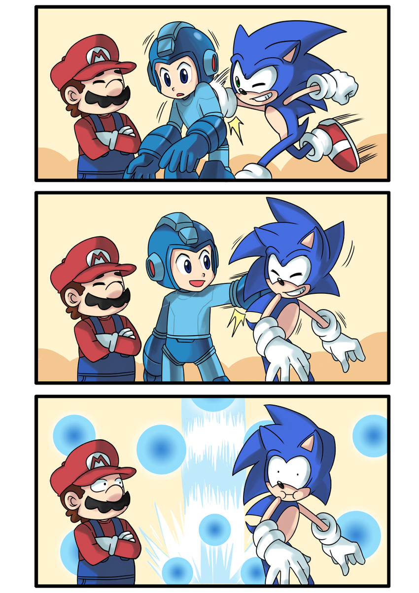 mario, sonic the hedgehog, and mega man (mario and 3 more) drawn by sapphire1010