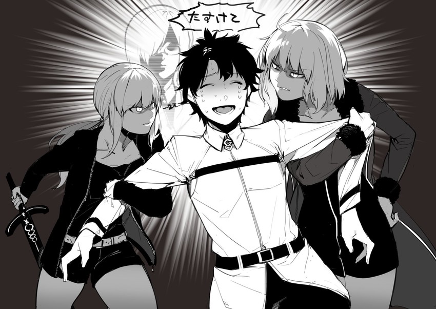 artoria pendragon, mash kyrielight, fujimaru ritsuka, jeanne d'arc alter, and saber alter (fate and 1 more) drawn by menea