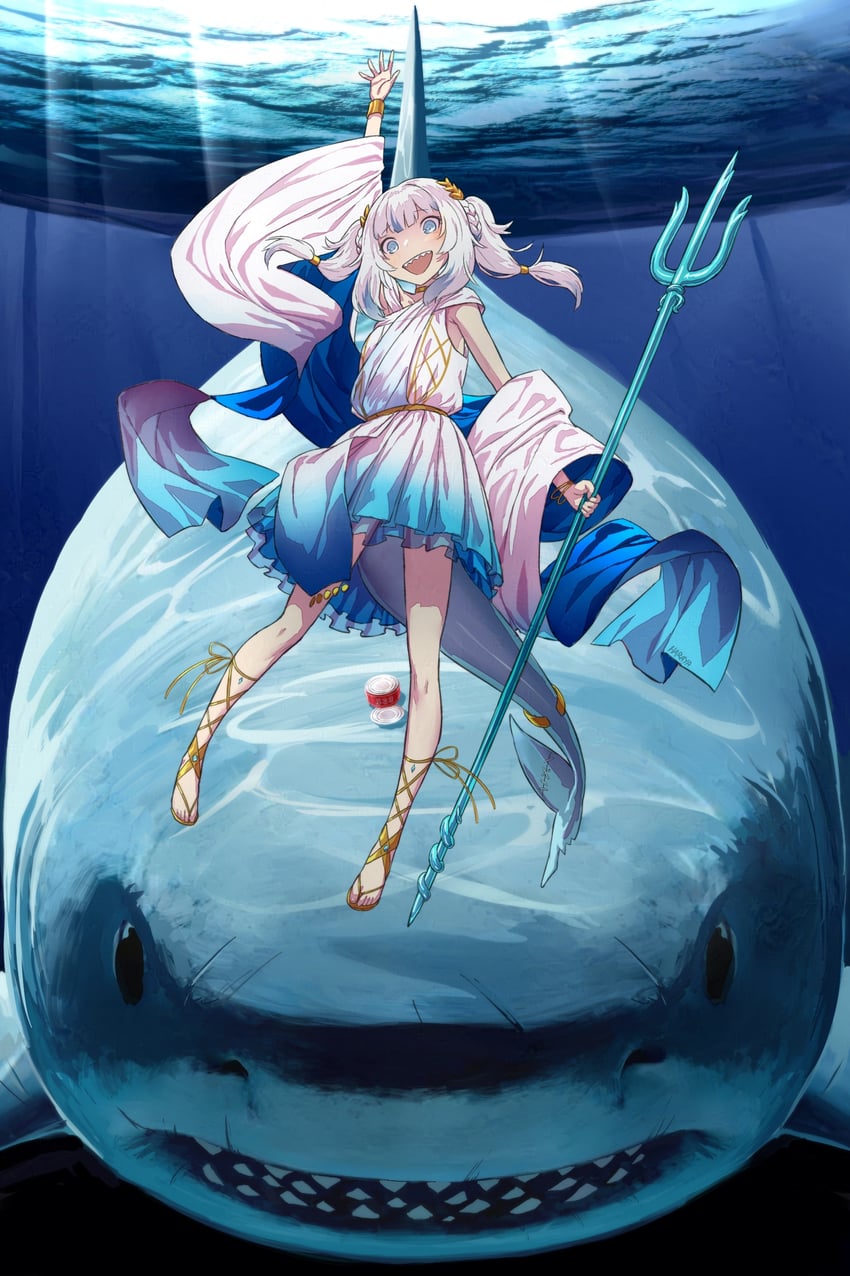 gawr gura and bloop (hololive and 1 more) drawn by haraya_manawari