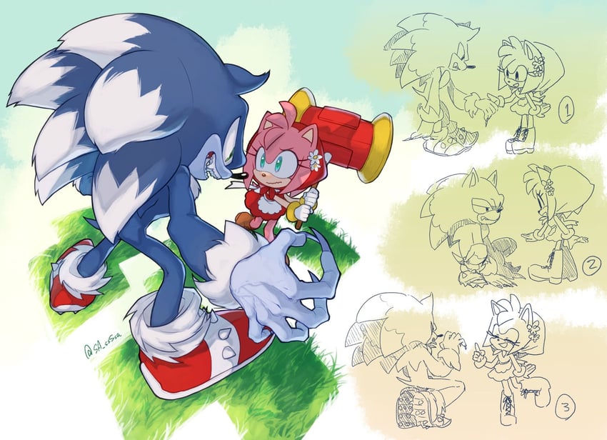 sonic the hedgehog, amy rose, and sonic the werehog (sonic and 1 more) drawn by konjiki_ringo
