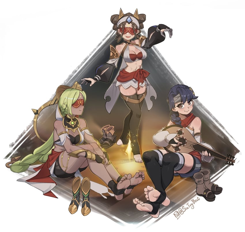 eremite desert clearwater, eremite floral ring-dancer, and eremite axe vanguard (genshin impact) drawn by sin_(sintrybest)