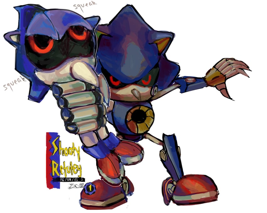 metal sonic and bootleg metal sonic plush (sonic) drawn by bonelessbastion