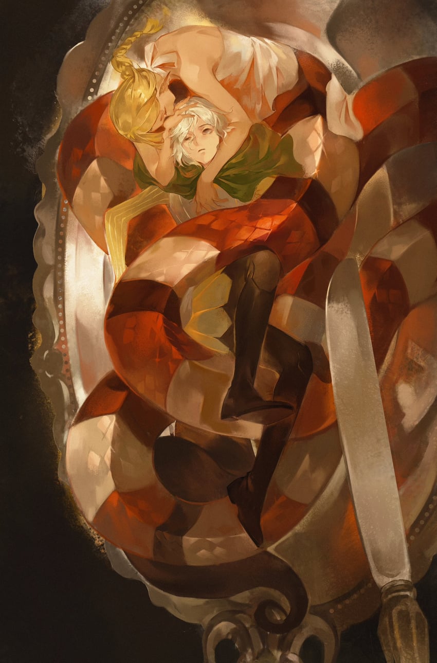 mithrun and braided ponytail lamia (dungeon meshi) drawn by yayaziiii