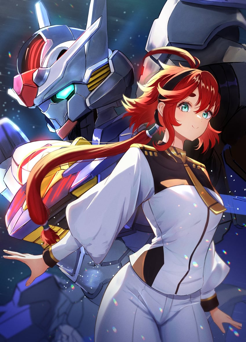 suletta mercury and gundam aerial (gundam and 1 more) drawn by gao_kawa
