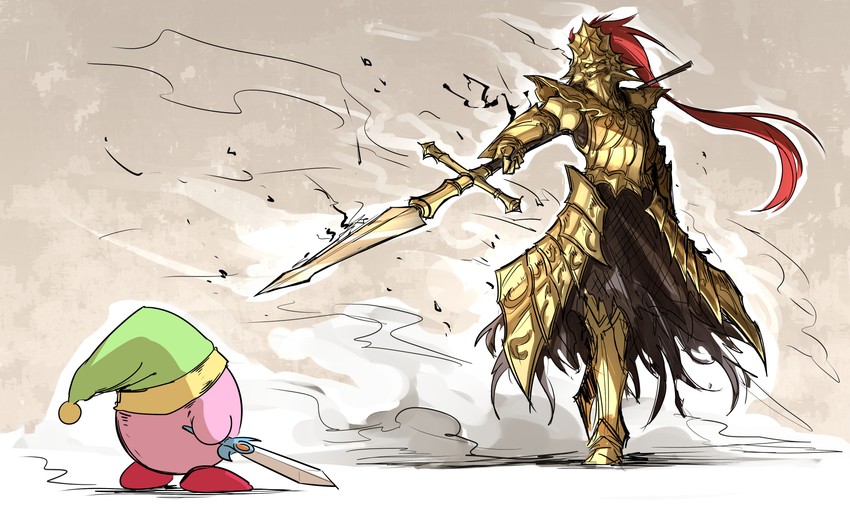 kirby and dragon slayer ornstein (kirby and 3 more) drawn by kankan33333