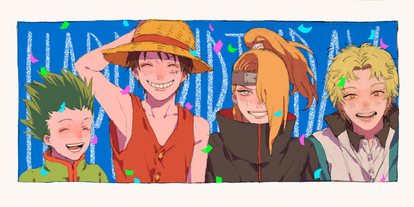monkey d. luffy, gon freecss, deidara, and akutagawa jirou (one piece and 4 more) drawn by fuku_(r-i-h-o)