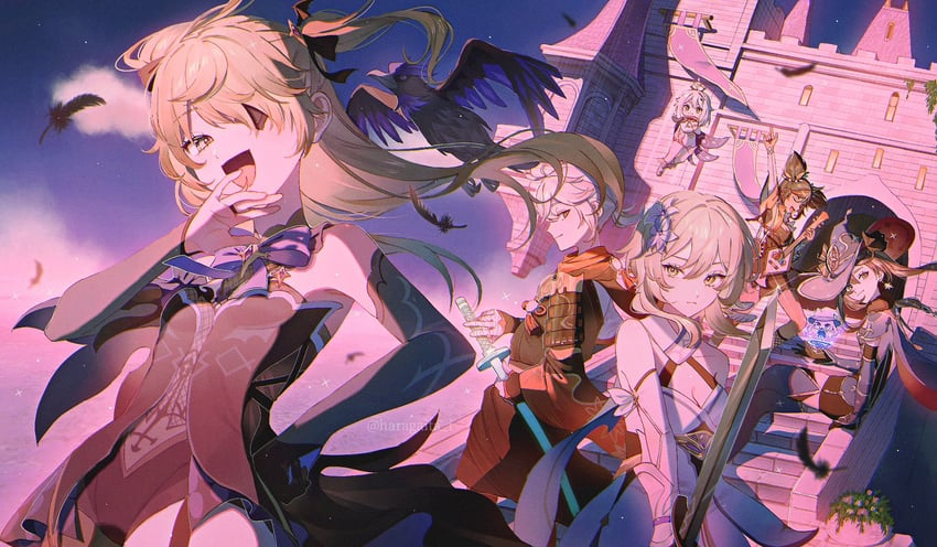 lumine, mona, paimon, kaedehara kazuha, fischl, and 2 more (genshin impact) drawn by haragaita_i