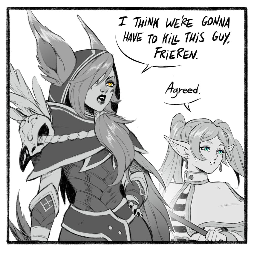 frieren and xayah (league of legends and 1 more) drawn by green_(greeniris)