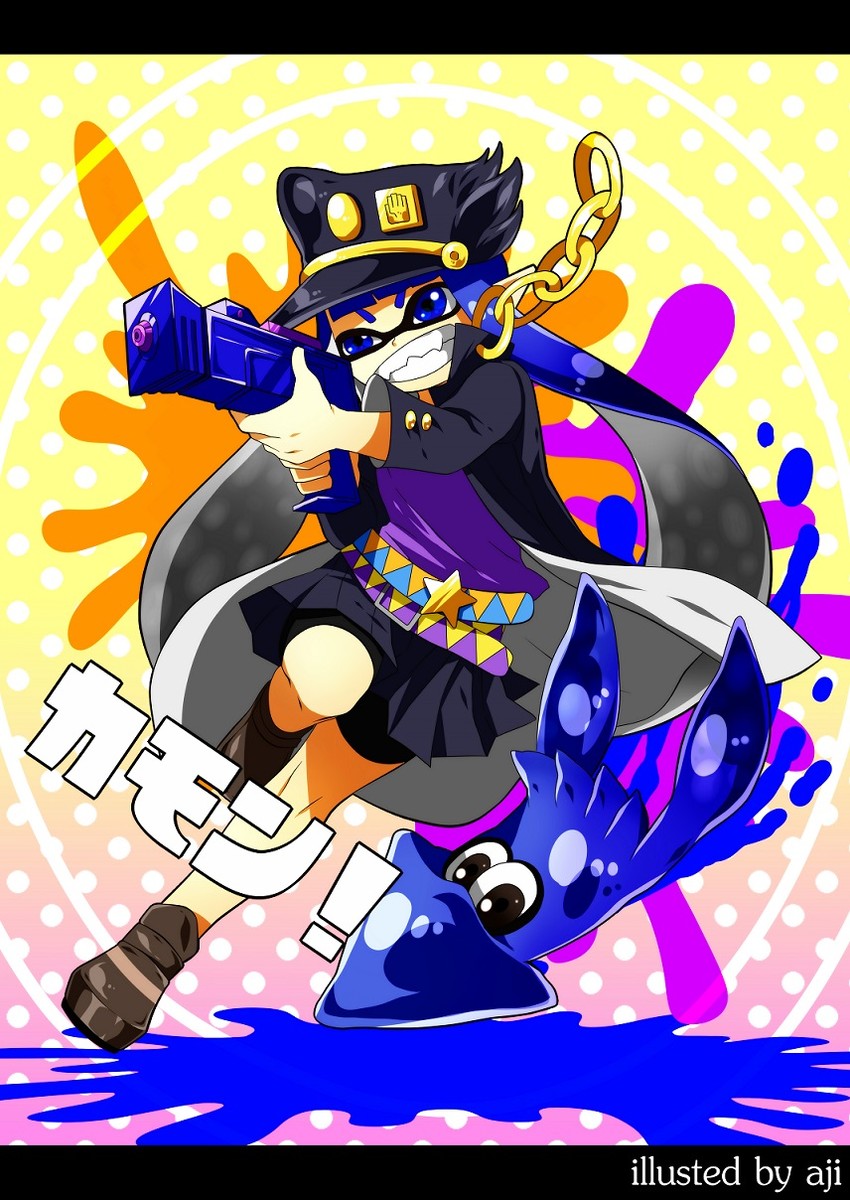 inkling player character, inkling girl, and kujo jotaro (jojo no kimyou na bouken and 3 more) drawn by aji_(coastal_area)