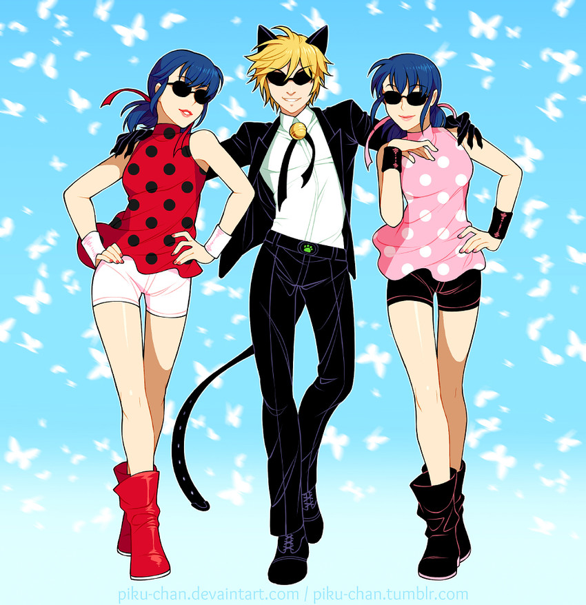 marinette dupain-cheng, adrien agreste, ladybug, chat noir, and psy (miraculous ladybug and 1 more) drawn by piku-chan