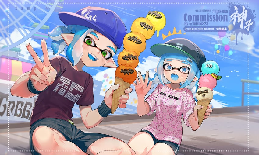 inkling player character, inkling girl, and inkling boy (splatoon) drawn by jinkoika