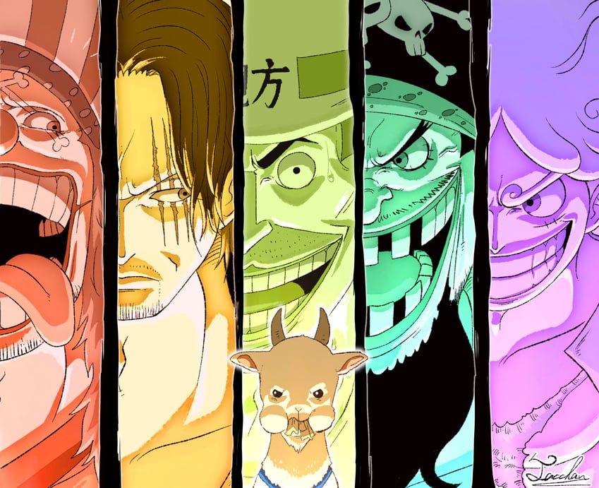 monkey d. luffy, shanks, buggy the clown, marshall d. teach, sengoku's goat, and 1 more (one piece) drawn by tacchan56110