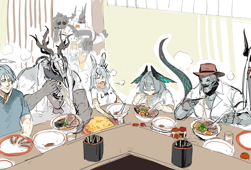 suzuran, mudrock, ho'olheyak, jessica, frostnova, and 4 more (arknights) drawn by mutomorokoshi