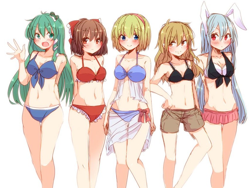 hakurei reimu, kirisame marisa, kochiya sanae, alice margatroid, and reisen udongein inaba (touhou) drawn by aoi_(annbi)