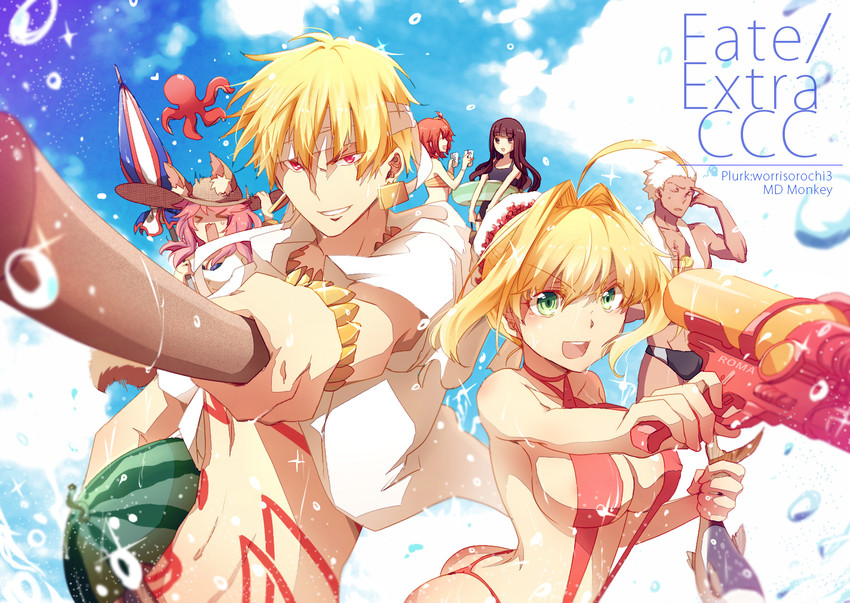 fujimaru ritsuka, tamamo, nero claudius, tamamo no mae, kishinami hakuno, and 2 more (fate and 3 more) drawn by worrisorochi