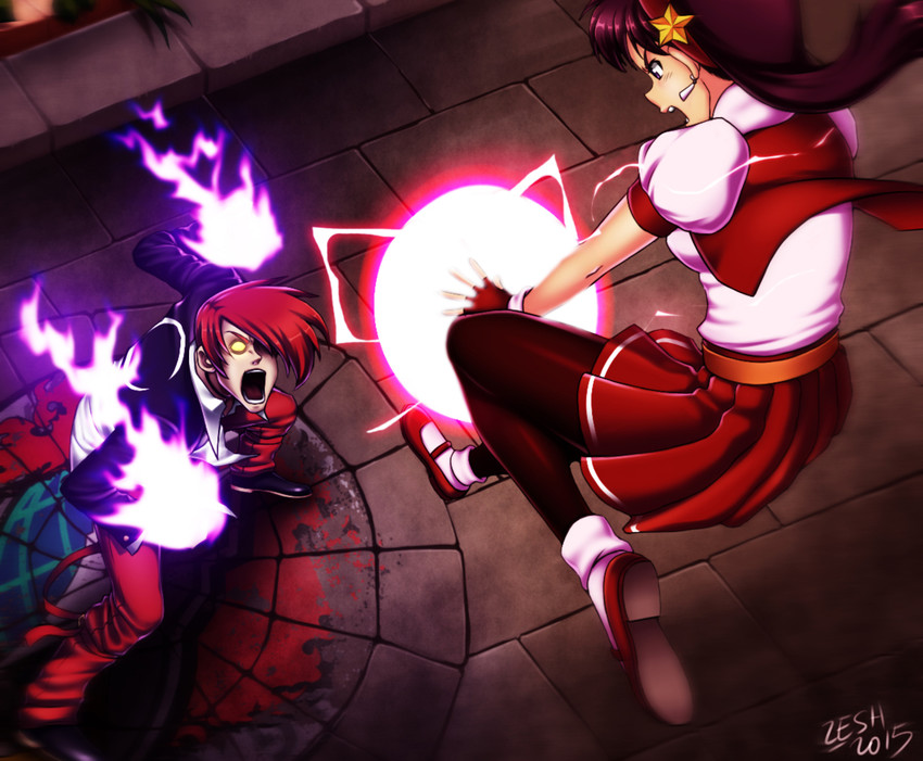 asamiya athena, yagami iori, and orochi iori (the king of fighters and 1 more) drawn by zeshgolden