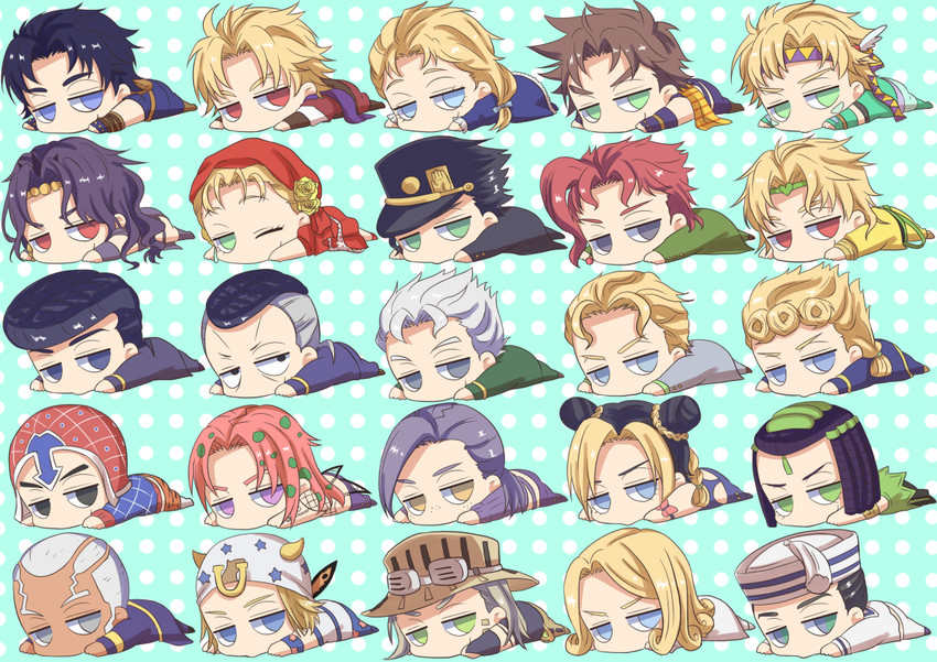 joseph joestar, kujo jotaro, dio brando, caesar anthonio zeppeli, kujo jolyne, and 18 more (jojo no kimyou na bouken and 8 more) drawn by yomi_(valshe96nekopiko)