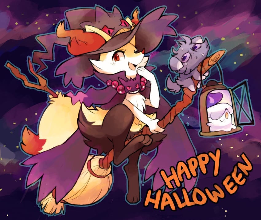 gengar, braixen, litwick, mismagius, banette, and 1 more (pokemon) drawn by suikuzu
