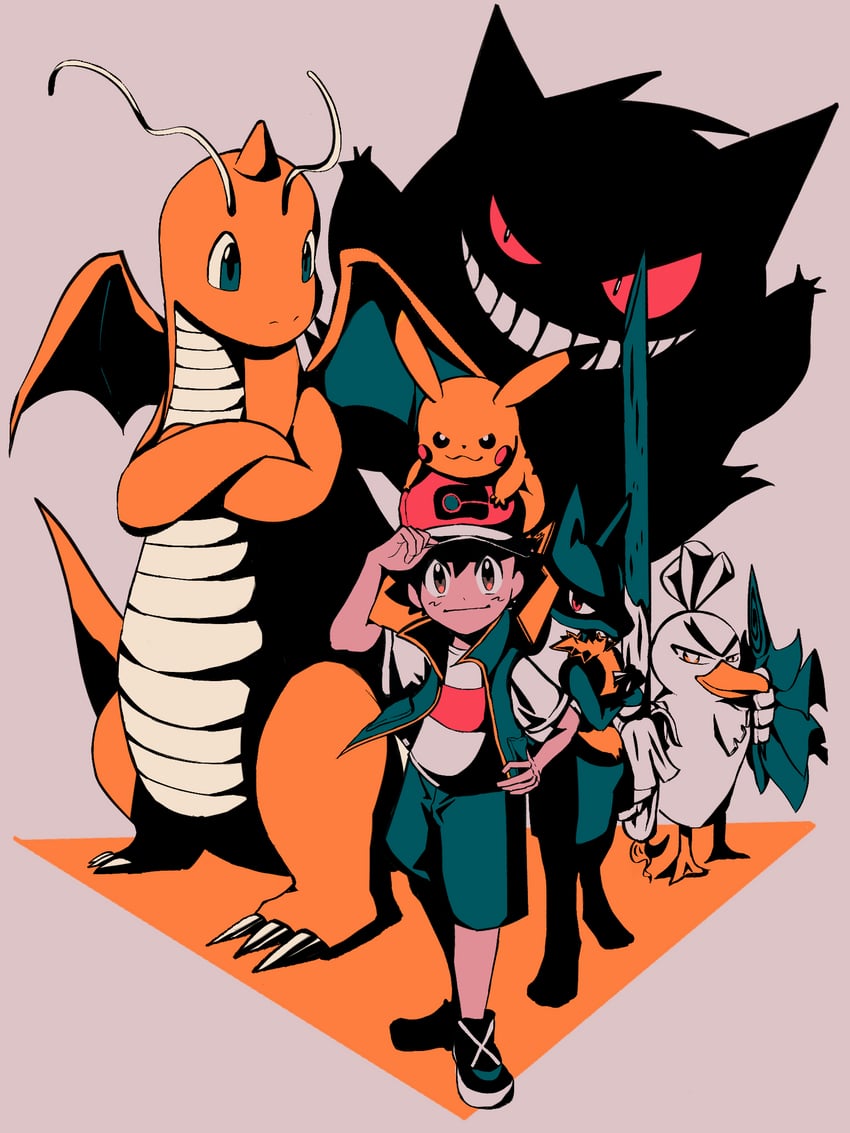 pikachu, ash ketchum, lucario, gengar, dragonite, and 1 more (pokemon and 1 more) drawn by ottoyamaotoko8