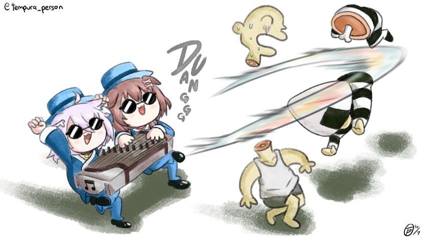 nekomata okayu, inugami korone, listener, onigirya, and harpist (hololive and 1 more) drawn by tempura_person