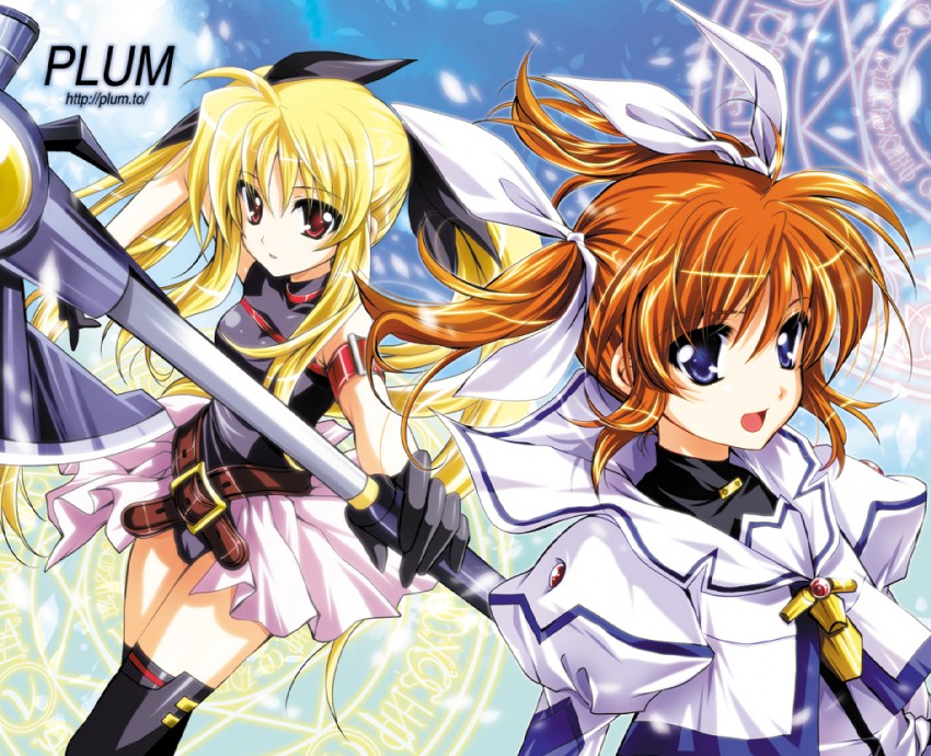 fate testarossa, takamachi nanoha, and bardiche (lyrical nanoha and 2 more) drawn by kanna_(plum)