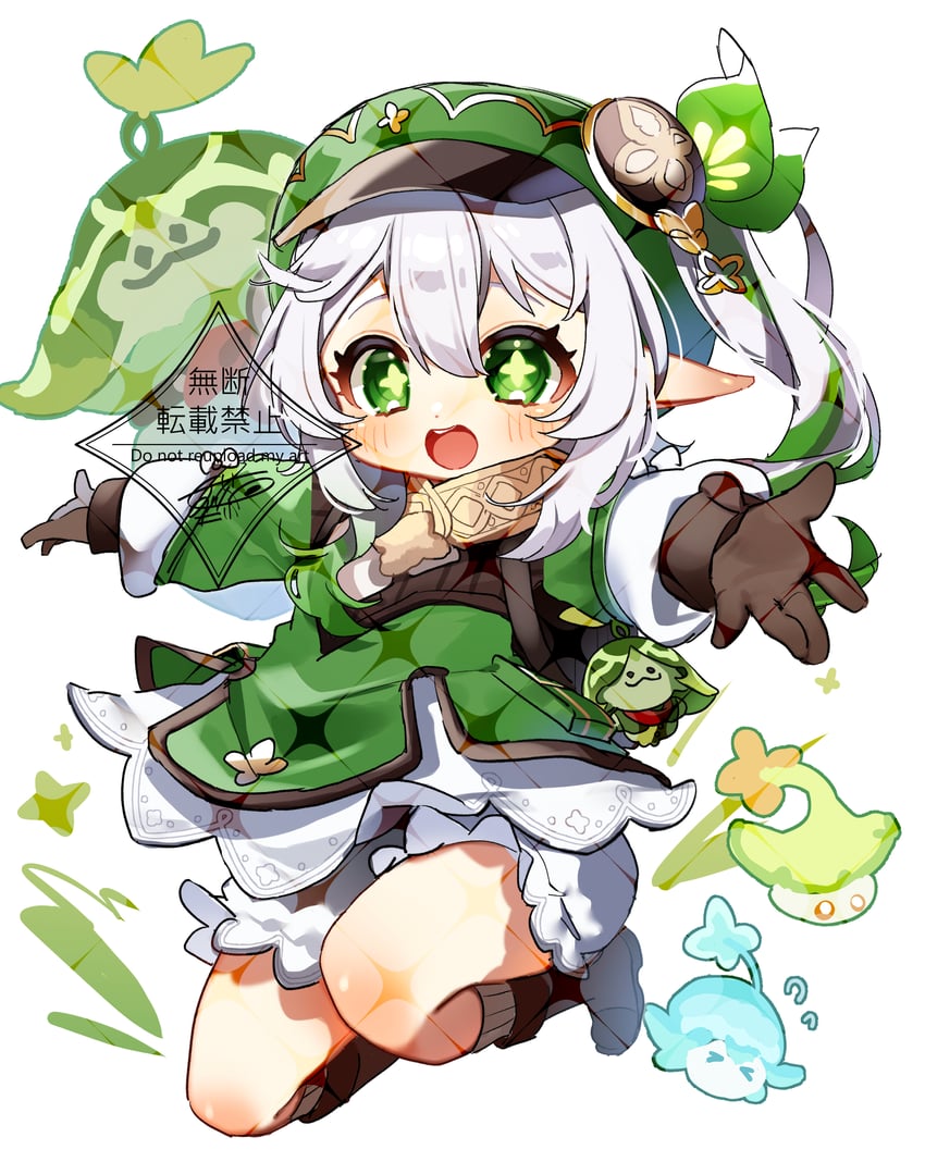 nahida, klee, aranara, and fungi (genshin impact) drawn by meda_cha