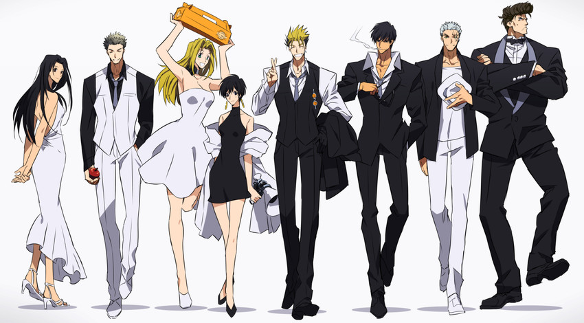vash the stampede, nicholas d. wolfwood, millions knives, meryl stryfe, milly thompson, and 3 more (trigun and 1 more) drawn by kon_manatsu