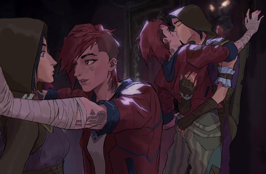 vi, caitlyn, arcane vi, and arcane caitlyn (league of legends and 1 more) drawn by dvwwy