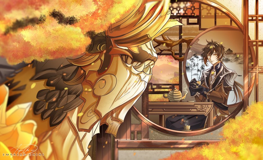 zhongli and azhdaha (genshin impact) drawn by empresschini