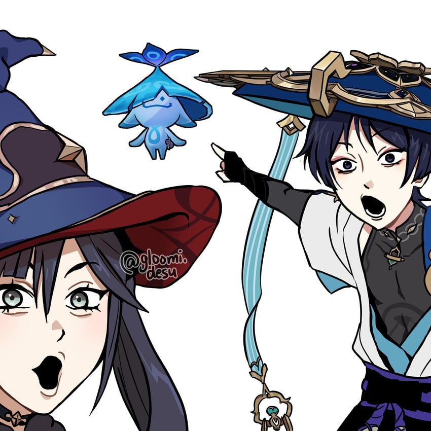 scaramouche, wanderer, mona, aranara, wojak, and 1 more (genshin impact) drawn by gloomidesu