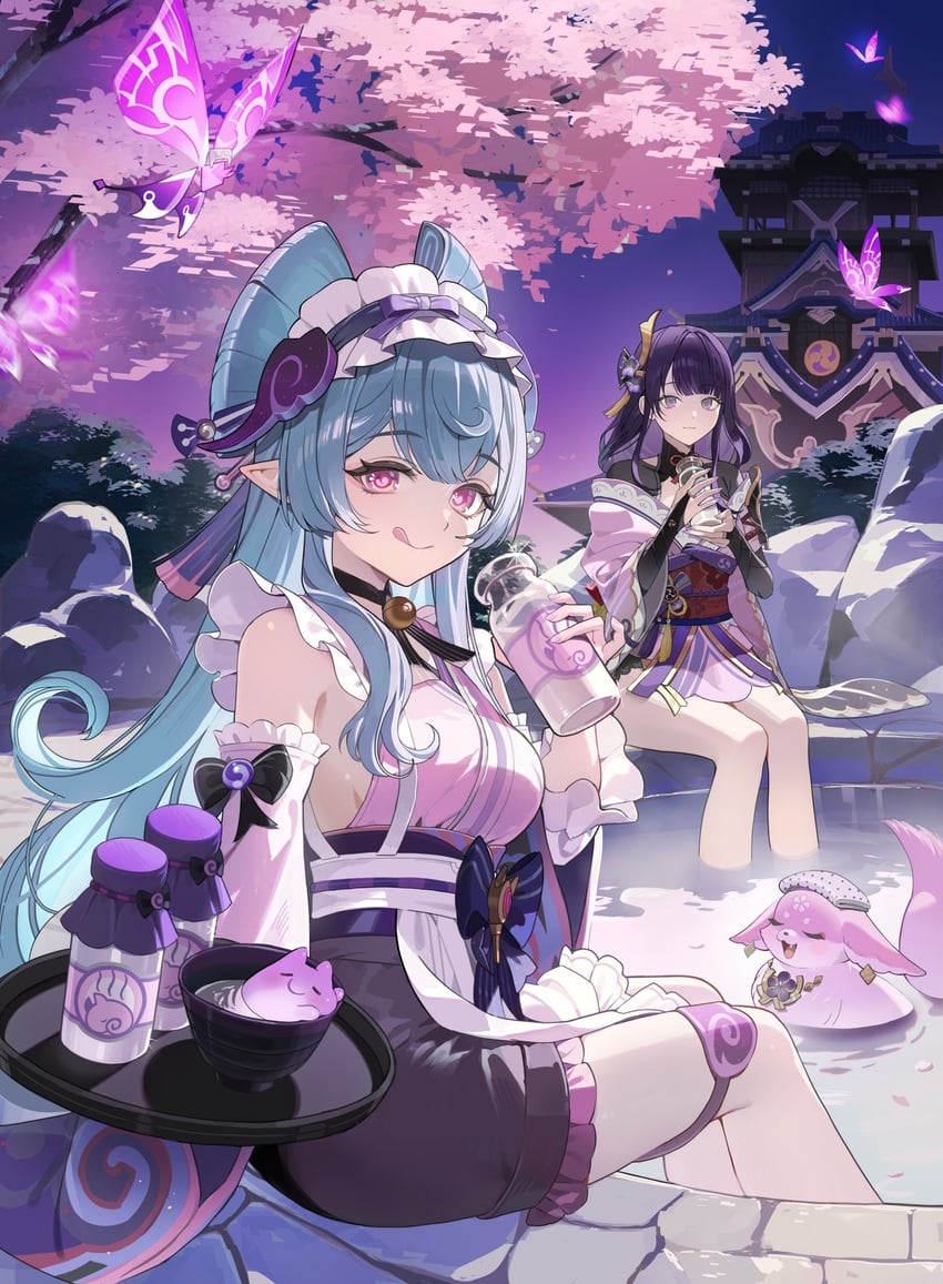 raiden shogun, yae miko, crystalfly, and yumemizuki mizuki (genshin impact) drawn by kushami_deso