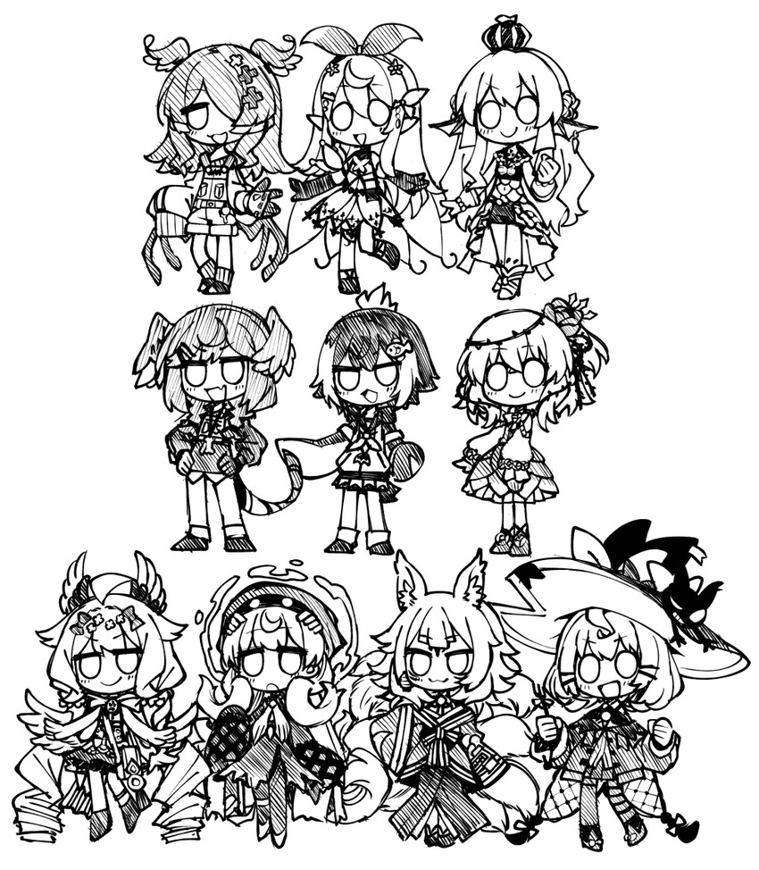 elira pendora, selen tatsuki, pomu rainpuff, enna alouette, finana ryugu, and 6 more (nijisanji and 1 more) drawn by sumiya_nadateru