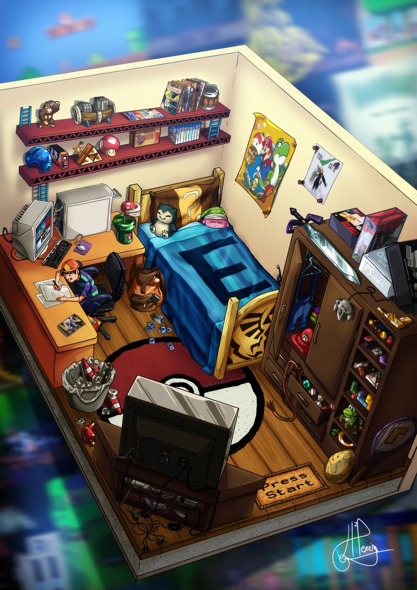 cloud strife, kirby, mario, mega man, snorlax, and 7 more (original and 21 more) drawn by hugo-h2p
