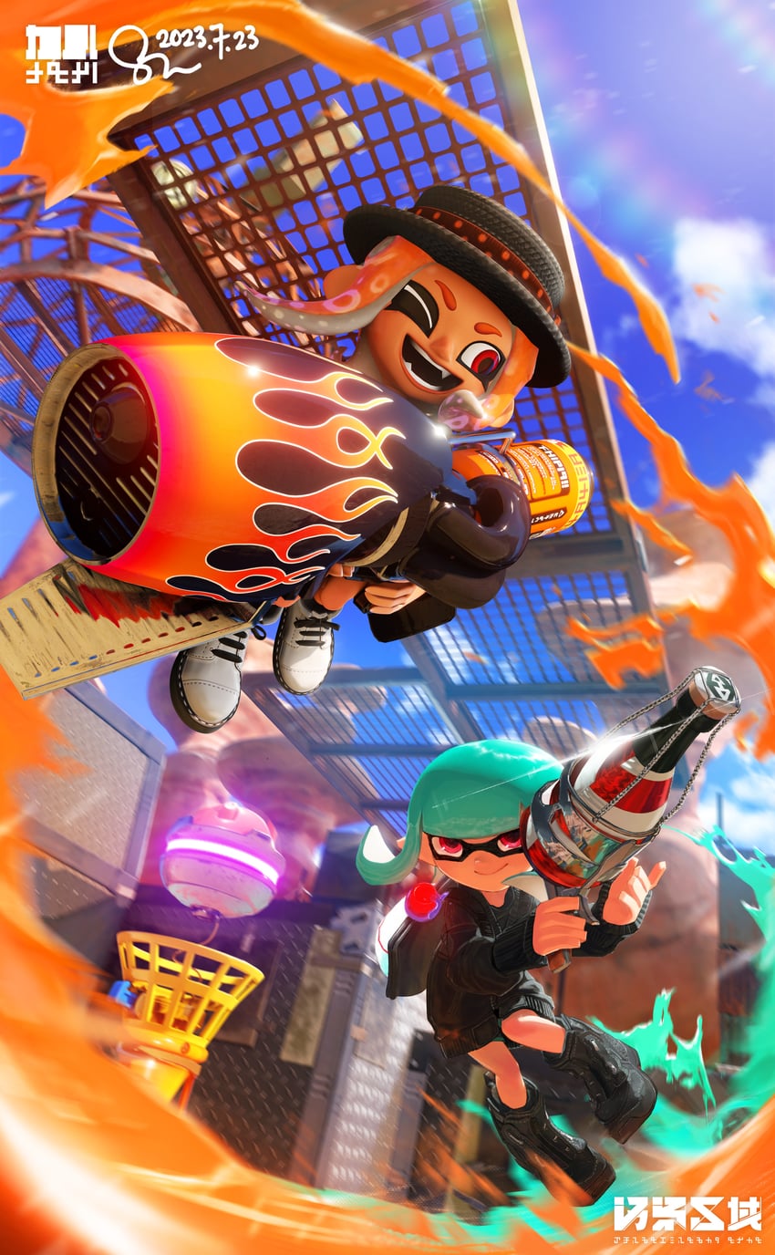 inkling player character, inkling girl, octoling player character, and octoling girl (splatoon and 1 more) drawn by karu_(karu1261) and osen_kuiki