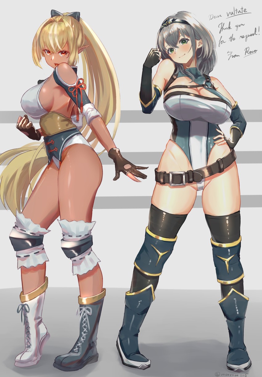 shirogane noel and shiranui flare (hololive) drawn by roco_(rocoroco1115)