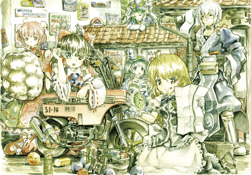 hakurei reimu, kirisame marisa, kawashiro nitori, morichika rinnosuke, ibaraki kasen, and 1 more (touhou and 1 more) drawn by master_(4th)