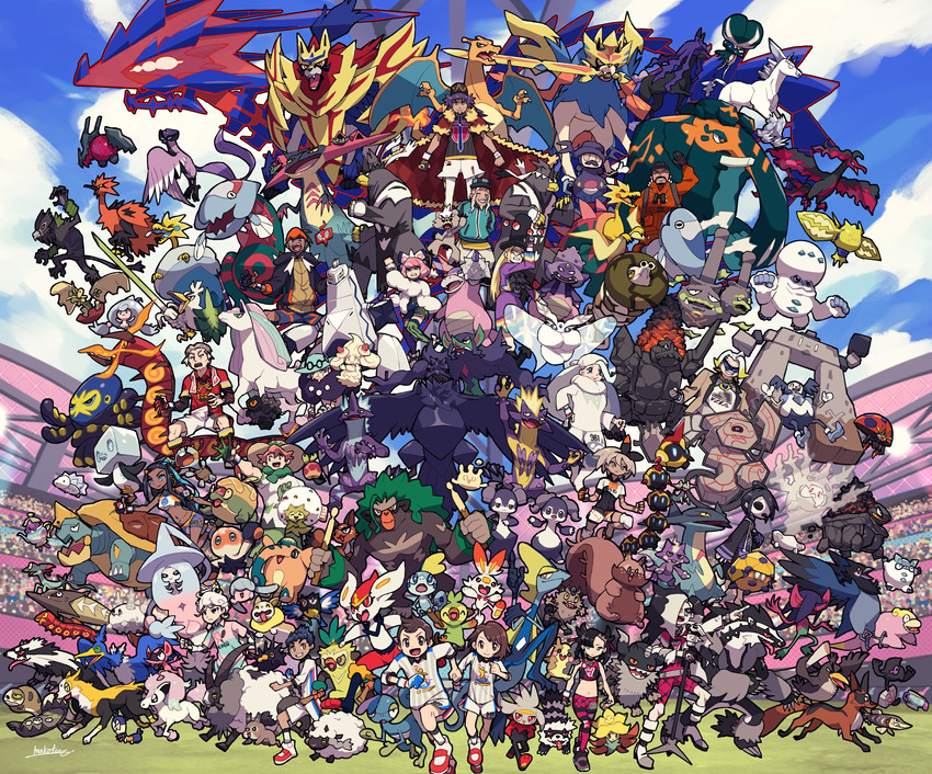 marnie, gloria, leon, raihan, nessa, and 125 more (pokemon and 1 more) drawn by makoto_ikemu