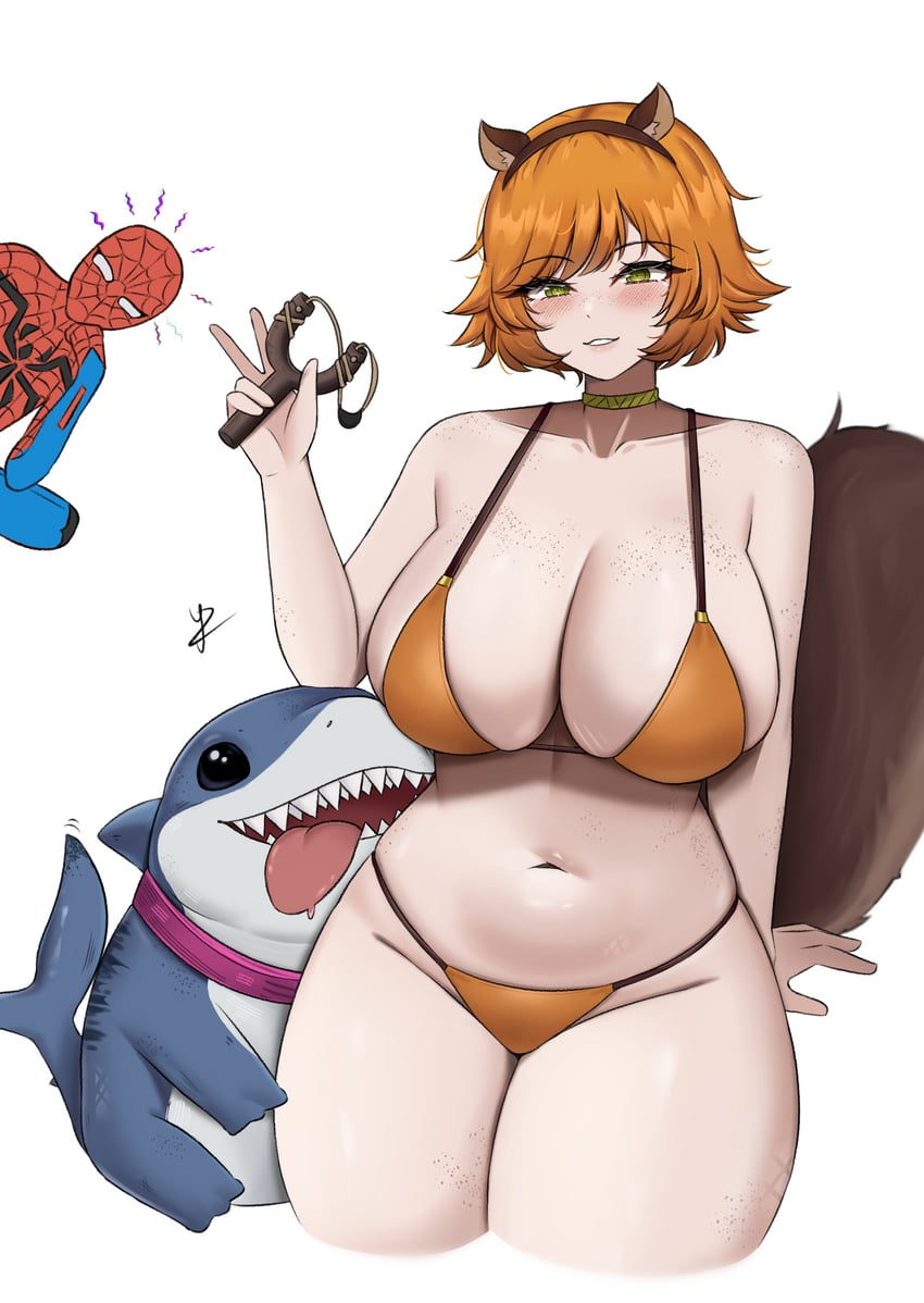 spider-man, squirrel girl, and jeff the land shark (marvel and 2 more) drawn by yukaraishin