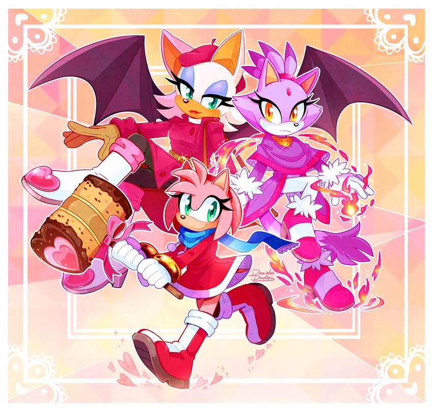 amy rose, blaze the cat, and rouge the bat (sonic) drawn by danielasdoodles-art