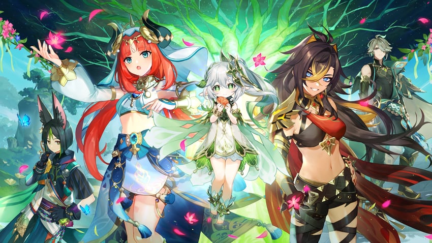 nahida, nilou, alhaitham, tighnari, and dehya (genshin impact) drawn by hou_(ppo)