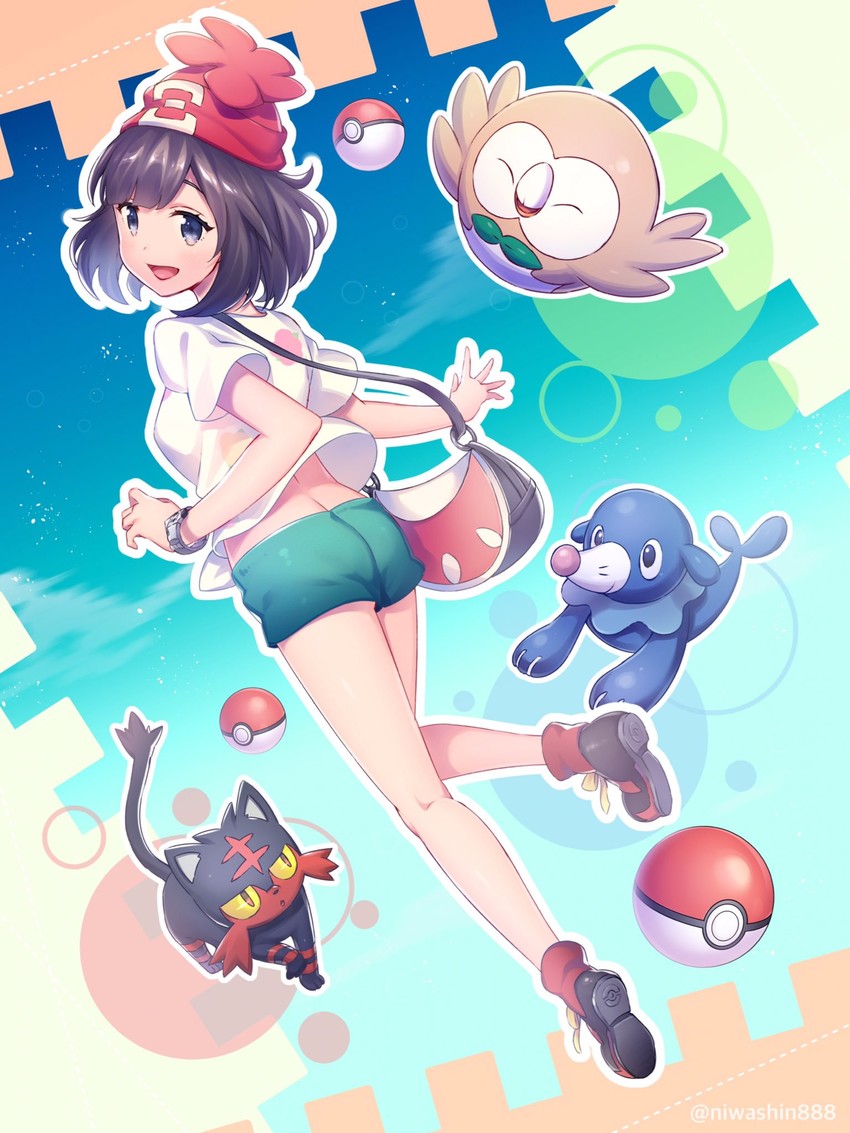 selene, rowlet, popplio, and litten (pokemon and 1 more) drawn by niwashi_(yuyu)