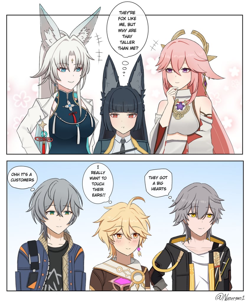trailblazer, aether, yae miko, caelus, hoshimi miyabi, and 2 more (genshin impact and 4 more) drawn by na_(naneesan1)
